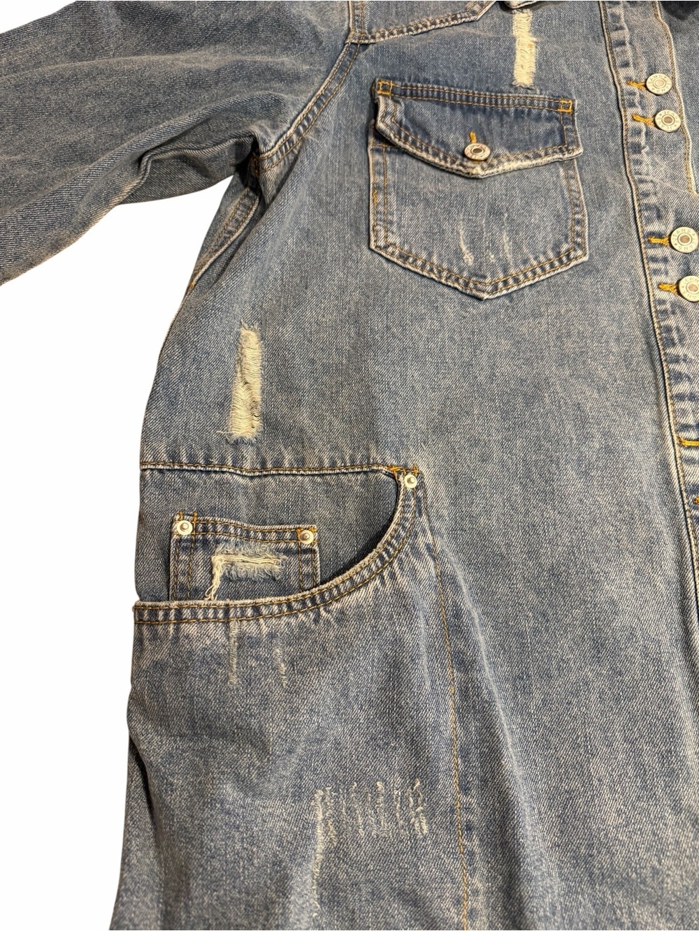 Veveret Denim Jean Shacket Jacket Size Medium Medium Wash Distressed Button Down - Picture 6 of 15